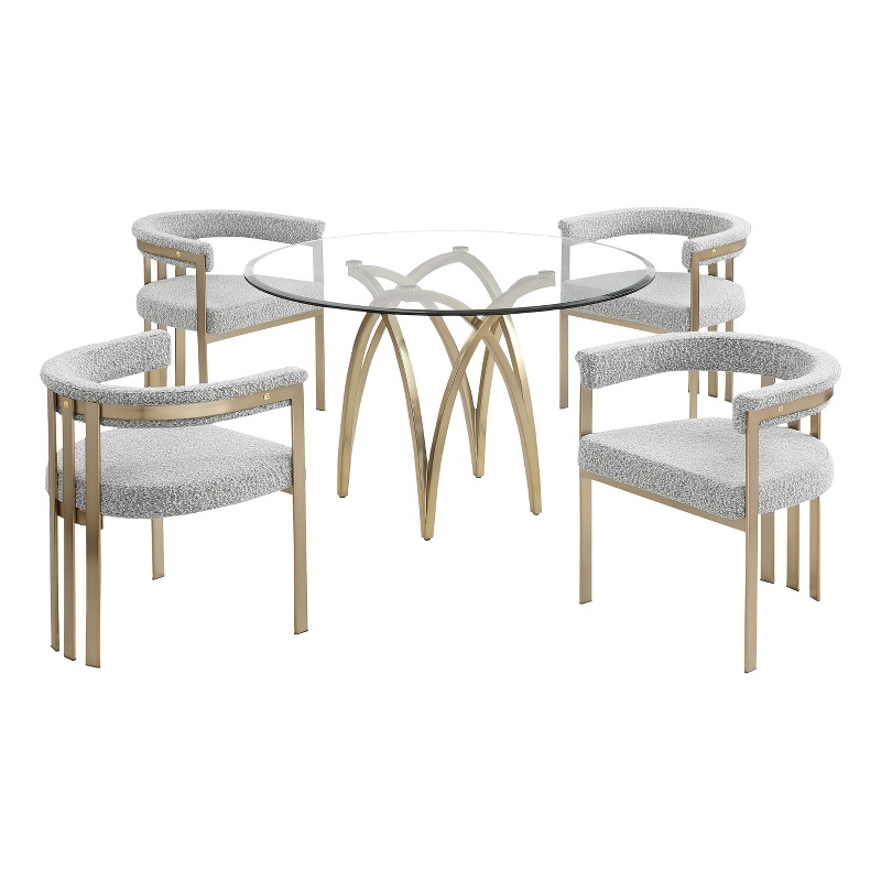 Best Quality Furniture 5pc Circle Clear Glass Dining Set & Boucle Fabric Chairs