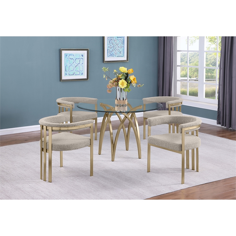 Best Quality Furniture 5pc Circle Clear Glass Dining Set & Boucle Fabric Chairs