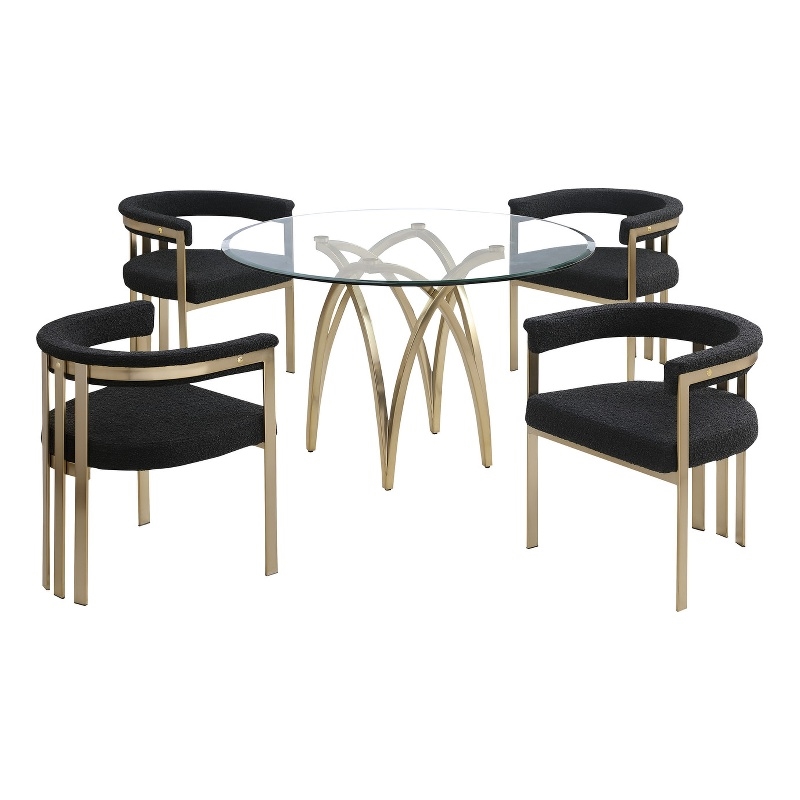 Best Quality Furniture 5pc Circle Clear Glass Dining Set & Boucle Fabric Chairs