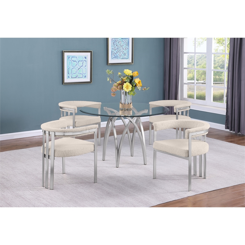 Best Quality Furniture 5pc Circle Clear Glass Dining Set & Boucle Fabric Chairs