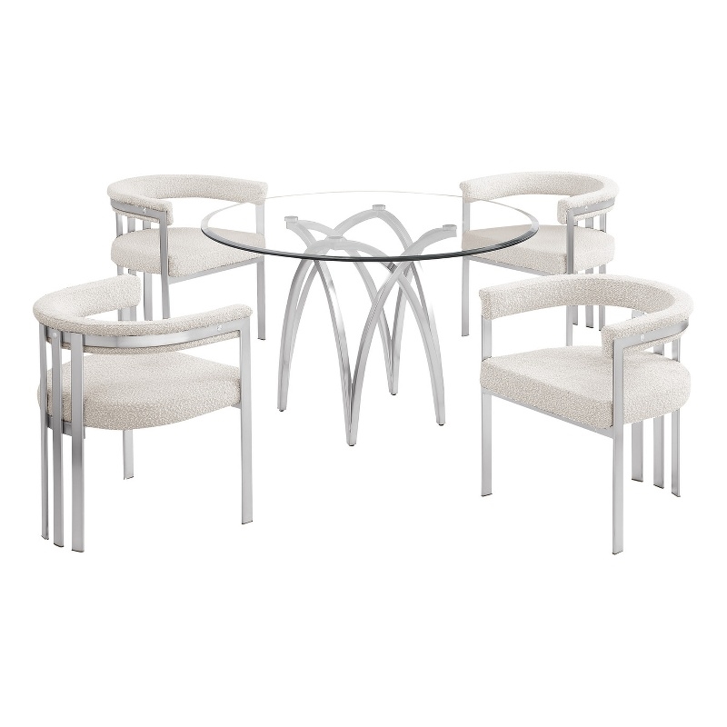 Best Quality Furniture 5pc Circle Clear Glass Dining Set & Boucle Fabric Chairs