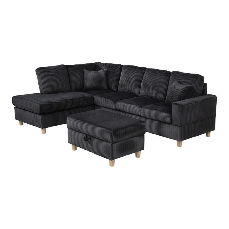 Best Quality Furniture Black Velvet Corduroy Sectional and Storage Ottoman Set