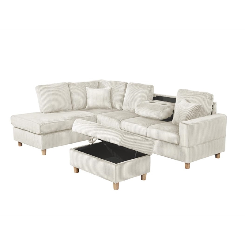 Best Quality Furniture Beige Velvet Corduroy Sectional and Storage Ottoman Set
