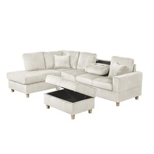 Best Quality Furniture Beige Velvet Corduroy Sectional and Storage Ottoman Set