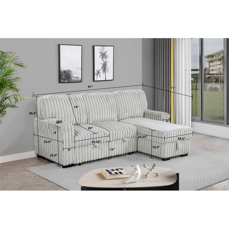 Best Quality Furniture Light Gray Velvet Corduroy Sectional with Pull Out Bed
