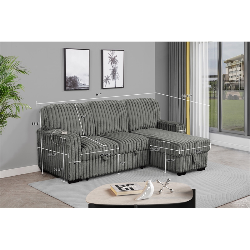 Best Quality Furniture Dark Gray Velvet Corduroy Sectional with Pull Out Bed