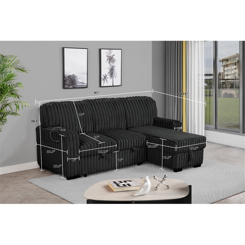 Best Quality Furniture Black Velvet Corduroy Sectional with Pull Out Bed