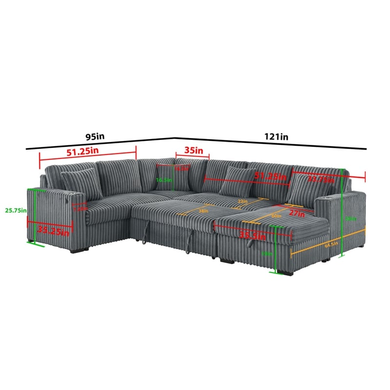 Best Quality Furniture 3pc Sectional w Pullout Bed in Light Gray Corduroy Velvet