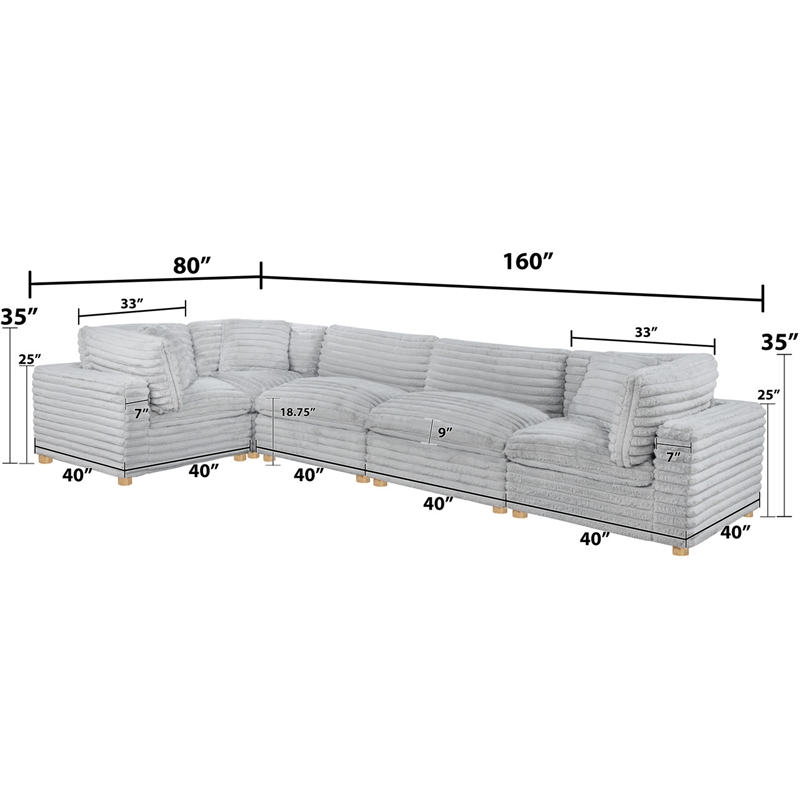 Best Quality Furniture Modular 5 Piece Sectional in Light Gray Velvet Corduroy