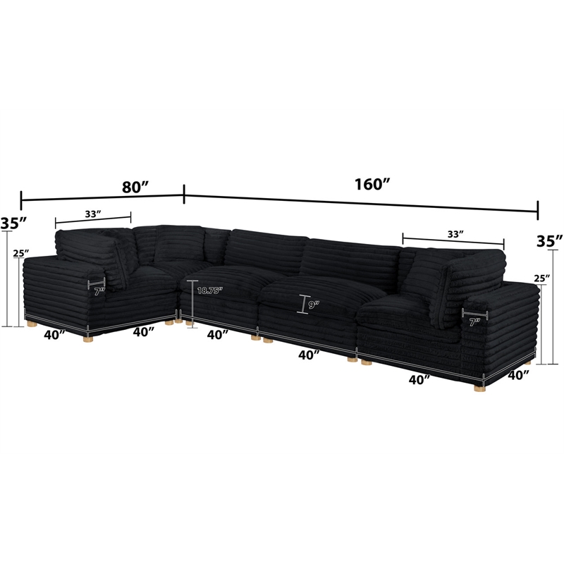 Best Quality Furniture Modular 5 Piece Sectional in Black Velvet Corduroy
