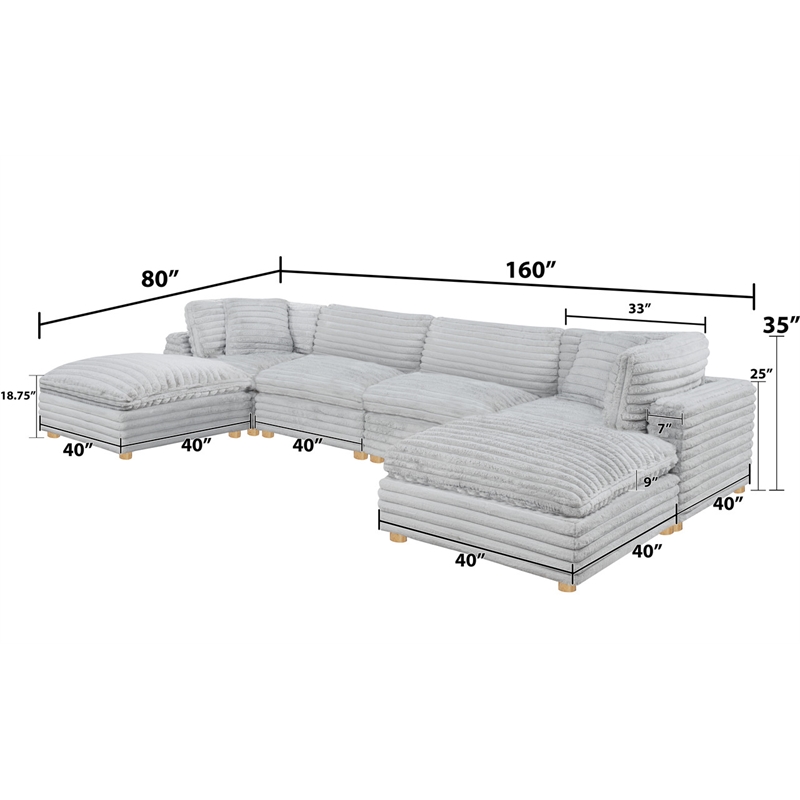 Best Quality Furniture Modular 6 Piece Sectional in Light Gray Velvet Corduroy
