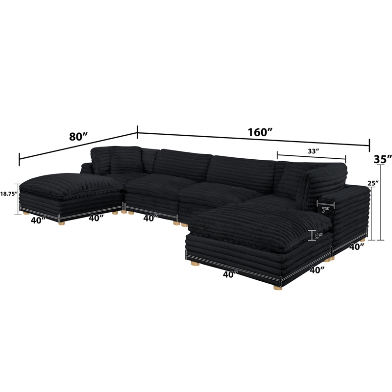 Best Quality Furniture Modular 6 Piece Sectional in Black Velvet Corduroy