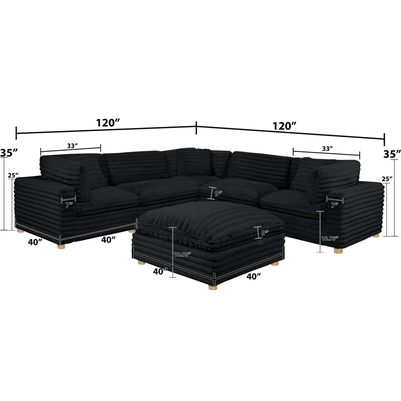 Best Quality Furniture Modular 6 Piece Sectional in Black Velvet Corduroy