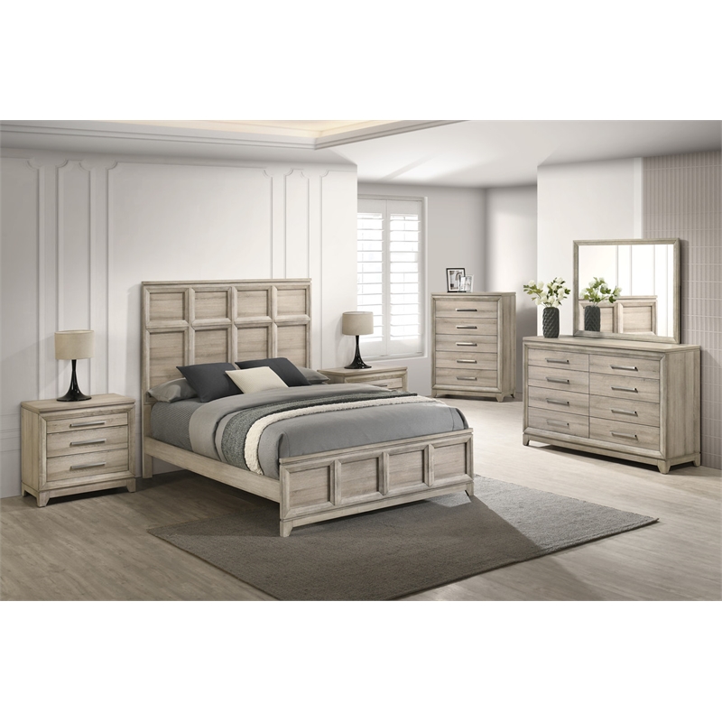 Best Quality Furniture Grey-Beige Wood Bedroom Set with King Panel Bed