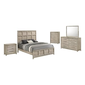 Best Quality Furniture Grey-Beige Wood Bedroom Set with King Panel Bed