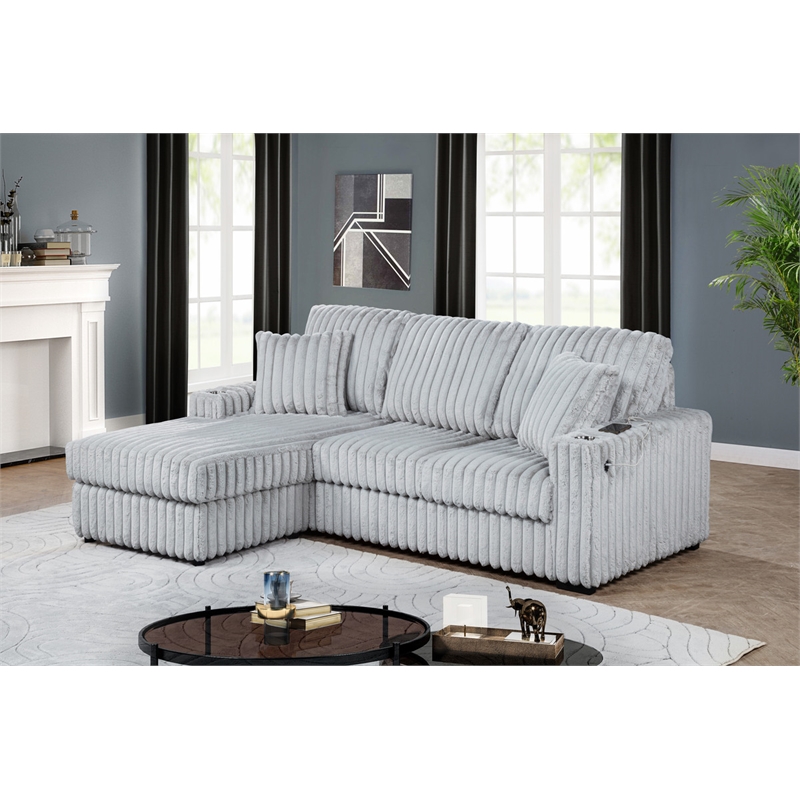 Best Quality Furniture Light Gray Corduroy Fabric Reversible Sectional with USB