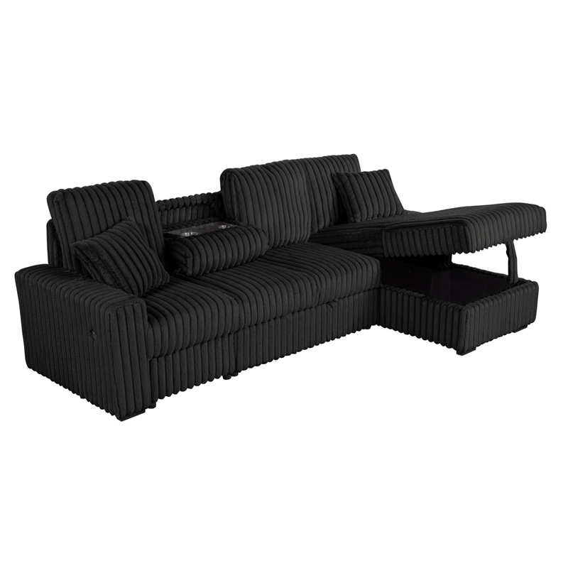 Best Quality Furniture Black Corduroy Fabric 3pc Sectional with Pullout Bed