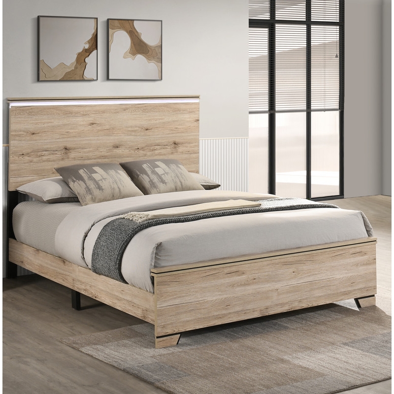 Best Quality Furniture Rustic Light Brown Oak Wood Panel Bed with LED Headboard