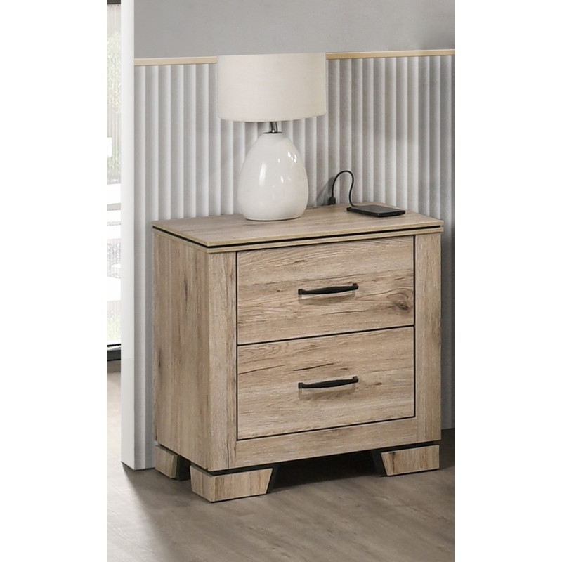 Best Quality Furniture Rustic Light Brown Oak Wood Nightstand with USB Charging