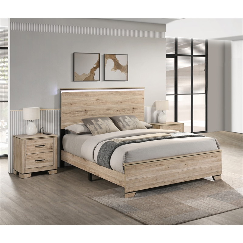 Best Quality Furniture Rustic Light Brown Oak Wood Bedroom Set with LED Lighting