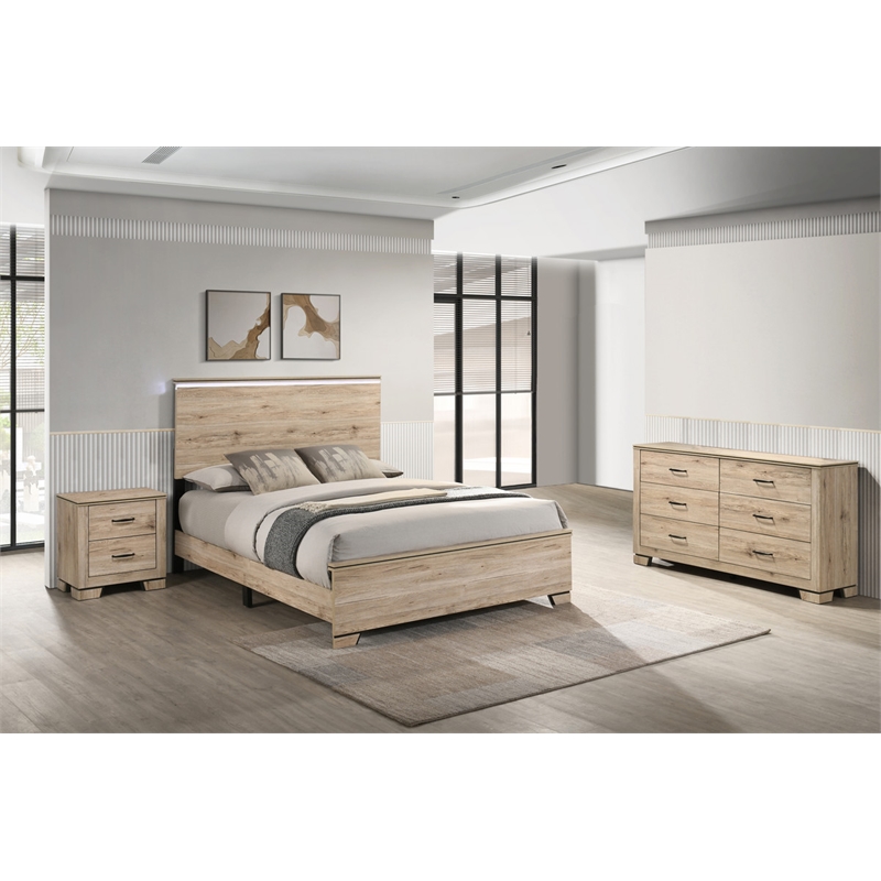 Best Quality Furniture Rustic Light Brown Oak Wood Bedroom Set with LED Lighting