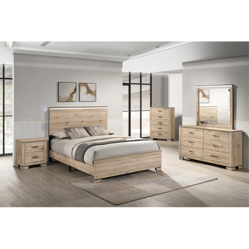Best Quality Furniture Rustic Light Brown Oak Wood Bedroom Set with LED Lighting