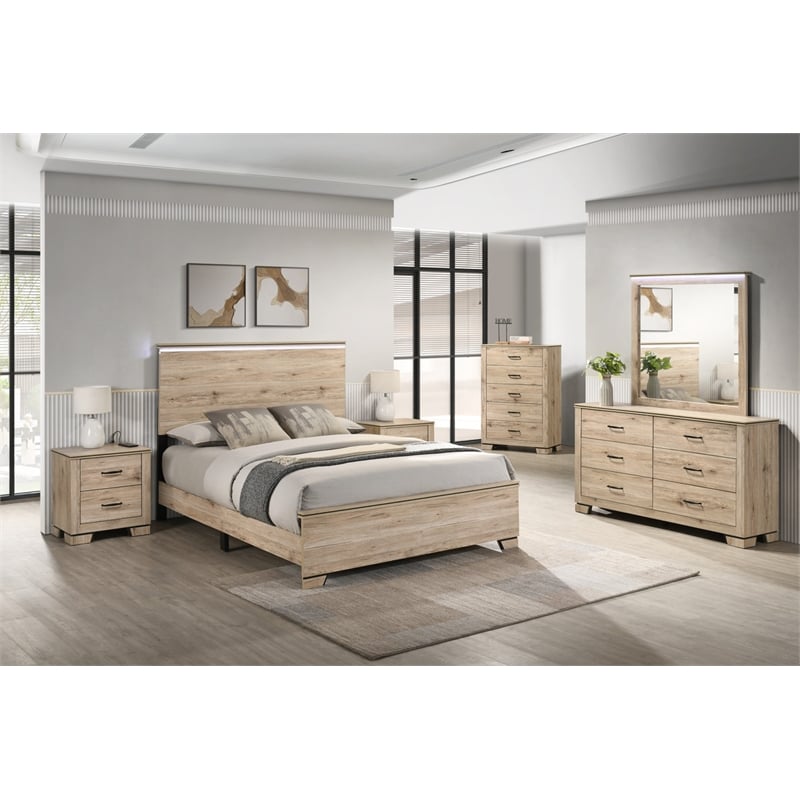 Best Quality Furniture Rustic Light Brown Oak Wood Bedroom Set with LED Lighting