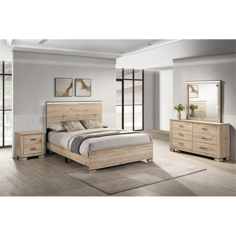 Best Quality Furniture Rustic Light Brown Oak Wood Bedroom Set with LED Lighting