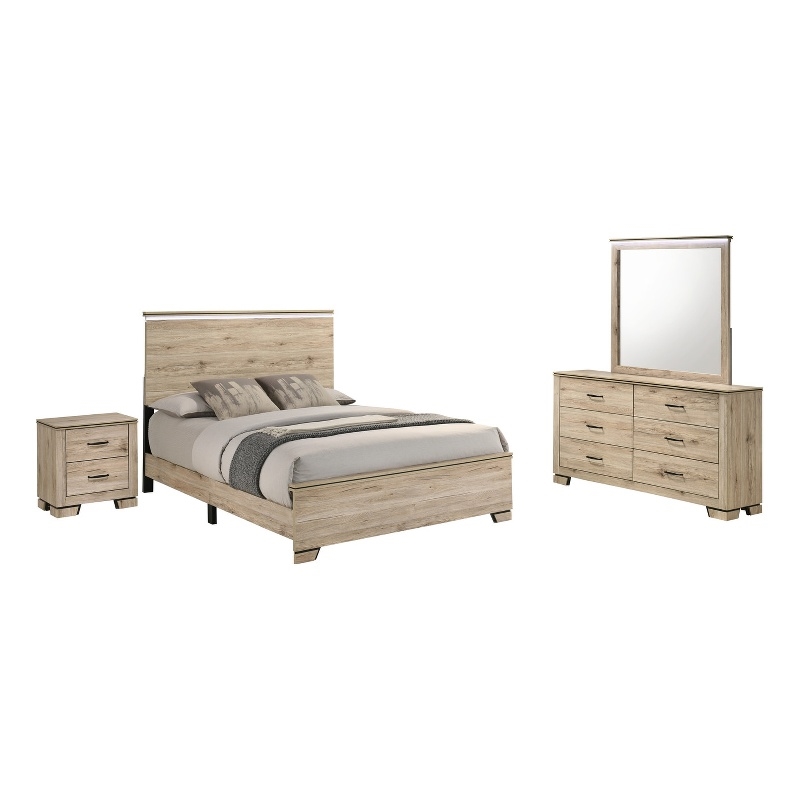 Best Quality Furniture Rustic Light Brown Oak Wood Bedroom Set with LED Lighting
