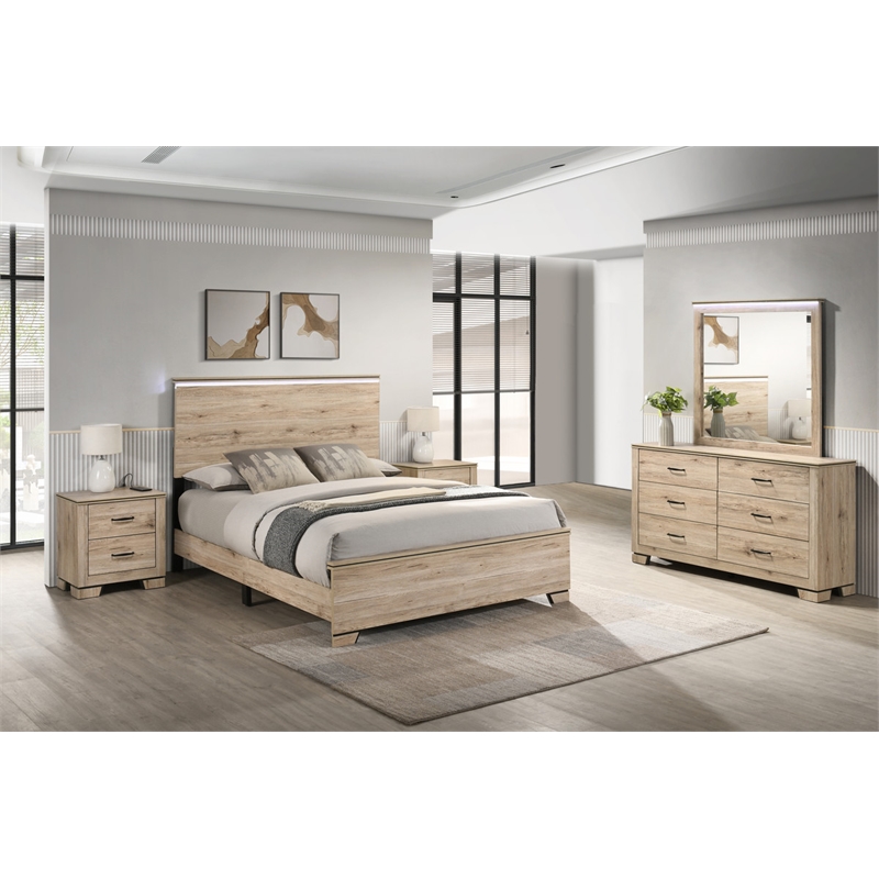 Best Quality Furniture Rustic Light Brown Oak Wood Bedroom Set with LED Lighting