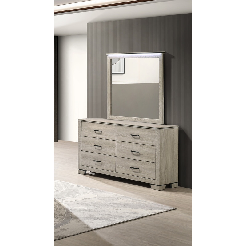 Best Quality Furniture Rustic Gray Beige Oak Wood Double Dresser with LED Mirror