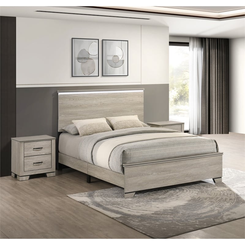 Best Quality Furniture Rustic Gray Beige Wood Bedroom Set with LED Lighting