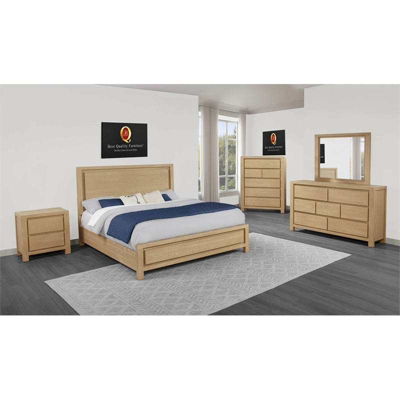 Best Quality Furniture Light Brown Oak Wood Bedroom Set with Charging Station