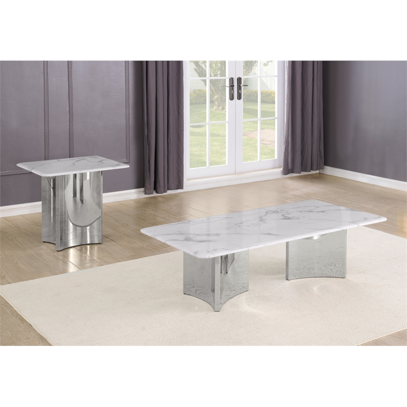 Best Quality Furniture 2pc White Marble Coffee Table Set with Stainless Steel