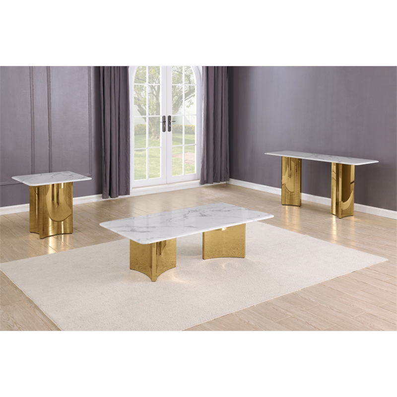 Best Quality Furniture 3pc White Marble Coffee Table Set with Stainless Steel