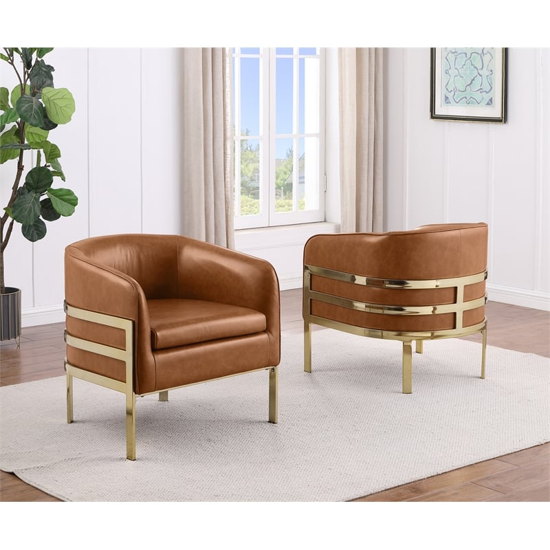 Best Quality Furniture Toffee Faux Leather Accent Chair with Gold Chrome Base