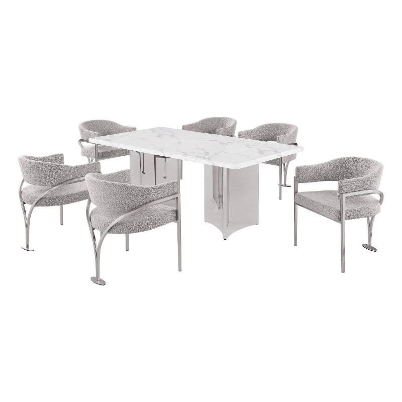 Best Quality Furniture 7 Piece White Marble Dining Set with Stainless Steel Base