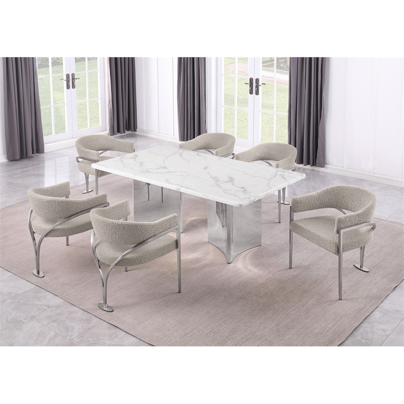 Best Quality Furniture 7 Piece White Marble Dining Set with Stainless Steel Base
