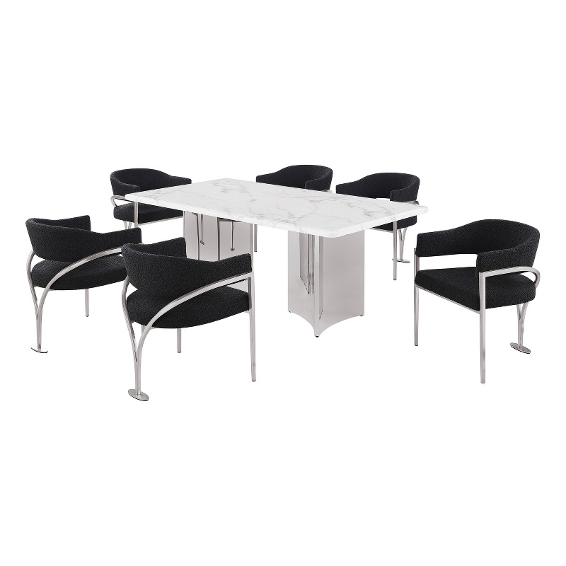 Best Quality Furniture 7 Piece White Marble Dining Set with Stainless Steel Base