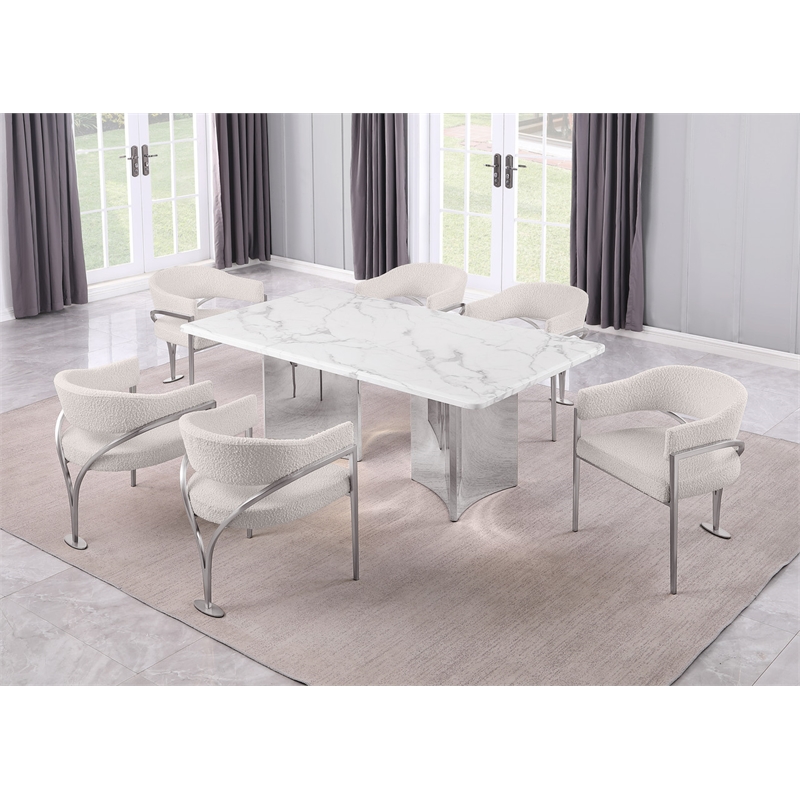 Best Quality Furniture 7 Piece White Marble Dining Set with Stainless Steel Base