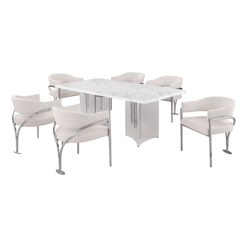 Best Quality Furniture 7 Piece White Marble Dining Set with Stainless Steel Base