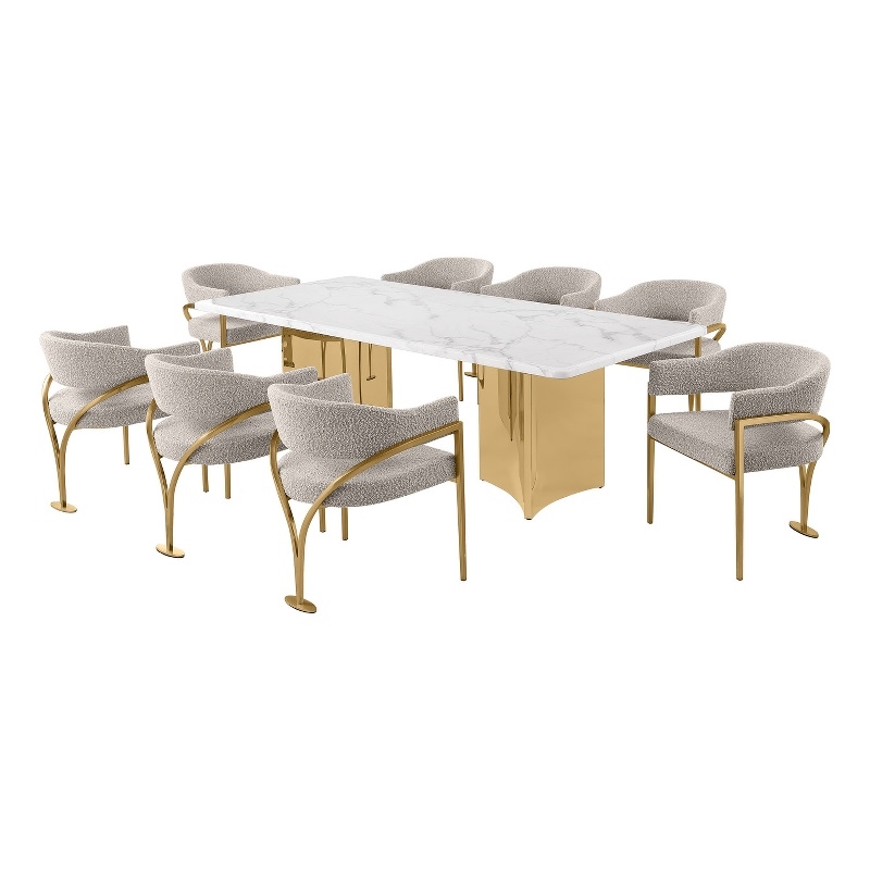 Best Quality Furniture 9 Piece White Marble Dining Set with Stainless Steel Base