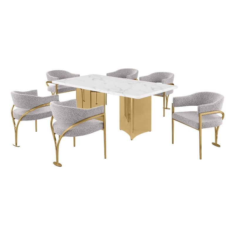 Best Quality Furniture 7 Piece White Marble Dining Set with Stainless Steel Base
