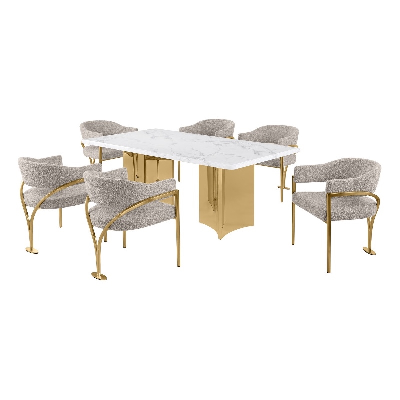 Best Quality Furniture 7 Piece White Marble Dining Set with Stainless Steel Base