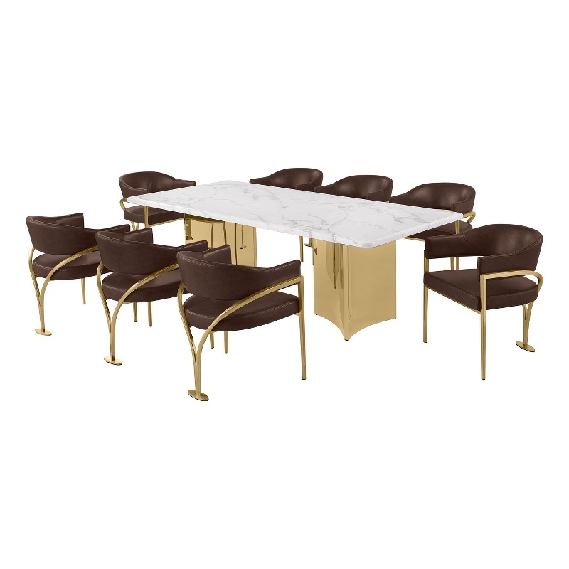 Best Quality Furniture 9 Piece White Marble Dining Set with Stainless Steel Base