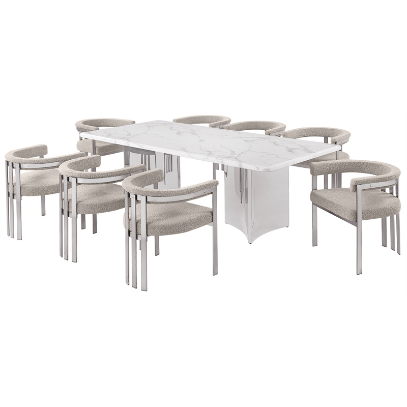 Best Quality Furniture 9 Piece White Marble Dining Set with Stainless Steel Base