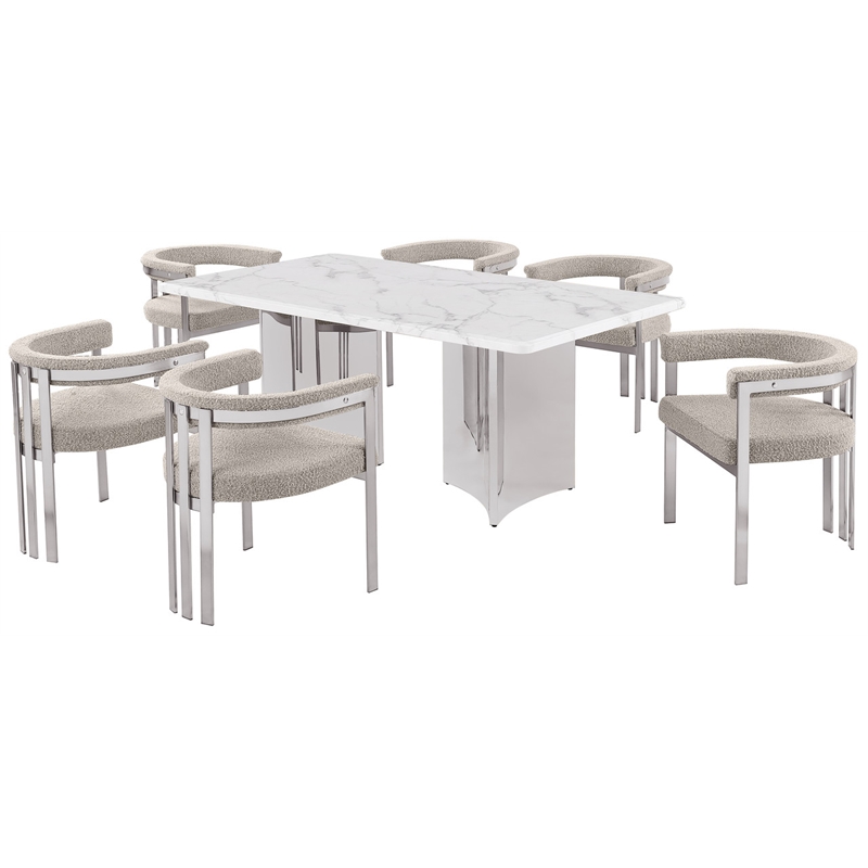 Best Quality Furniture 7 Piece White Marble Dining Set with Stainless Steel Base