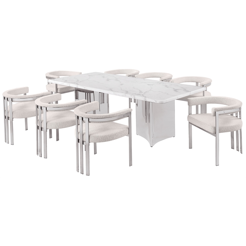 Best Quality Furniture 9 Piece White Marble Dining Set with Stainless Steel Base