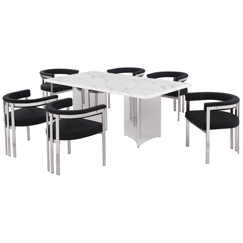 Best Quality Furniture 7 Piece White Marble Dining Set with Stainless Steel Base