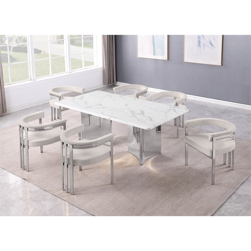 Best Quality Furniture 7 Piece White Marble Dining Set with Stainless Steel Base
